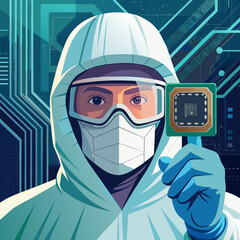 Scientist in protective gear holds a microchip with futuristic circuit board background