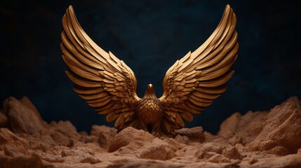 Magnificent Golden Eagle Sculpture with Majestic Wings Displayed Against Dark Background