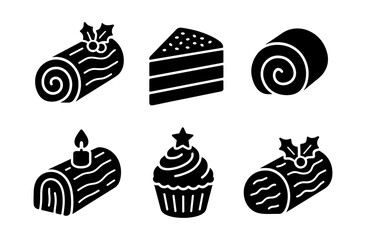 Festive holiday desserts collection in simple black icons featuring yule log and cupcake