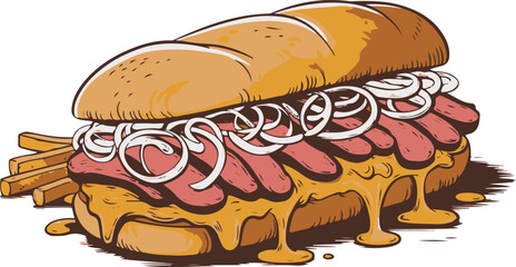 A delicious illustration of a loaded cheesesteak sandwich with french fries