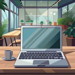 Laptop and coffee in a bright modern cafe with plants