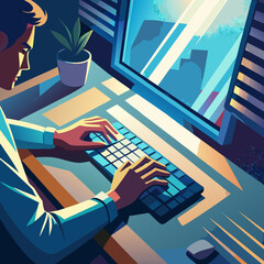 Man typing on a computer keyboard in a modern office setting