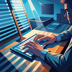 Man typing on a keyboard in a modern office with blue and orange lighting