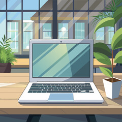 Modern laptop on a wooden desk with potted plants and large windows