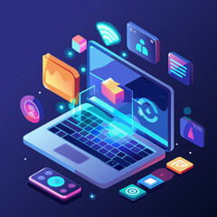 Digital technology and data management concepts with isometric laptop