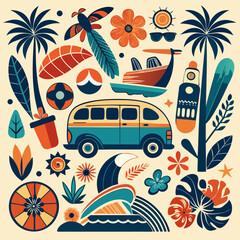 Retro summer vacation vibes with van and tropical elements