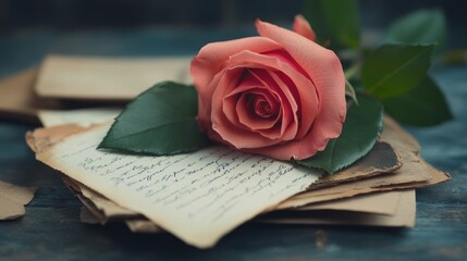 A Beautiful Pink Rose Resting on Vintage Letters with Soft Natural Light and Textured Background