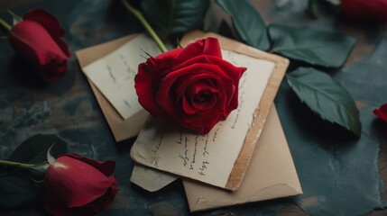 Romantic Red Rose on Vintage Letters with Soft Lighting and Elegant Composition