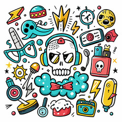 Whimsical doodle art featuring a skull with headphones and various fun elements