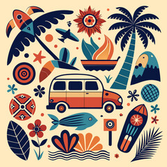 Retro tropical vacation collage with van and palm trees