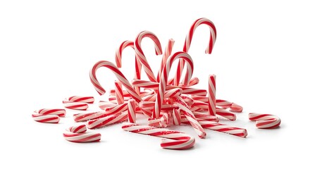 A pile of festive red and white striped candy canes scattered across a bright surface