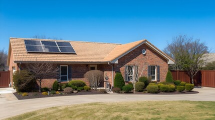 Fototapeta premium Charming brick cottage with a terracotta tiled roof adorned with solar panels surrounded by lush green landscaping under a clear blue sky