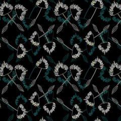 Seamless floral pattern, classic flower ornament, abstract ditsy print in vintage motif. Elegant botanical design of beautiful large wild flowers, leaves, small branches, herbs. Vector illustration.