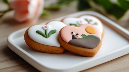Beautiful Heart-Shaped Cookies with Colorful Icing and Floral Designs on a Platter