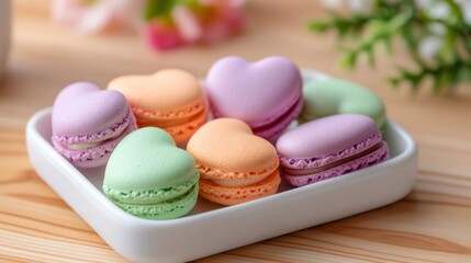 Fototapeta premium Colorful Heart-Shaped Macarons on White Plate with Floral Background