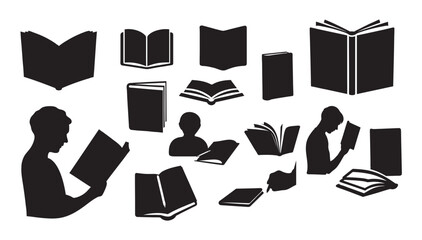 Reading and Books Silhouettes: Knowledge, Education, Literature, and Study Vector Set