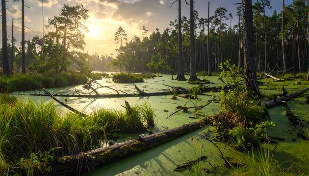 Serene Swampy Forest at Sunrise. - Powered by Adobe