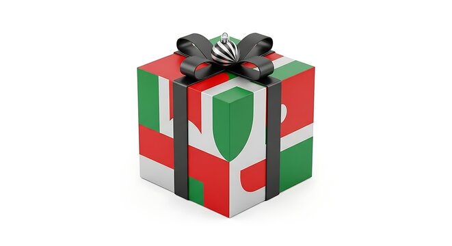 Festive gift box wrapped in colorful stripes and tied with a black ribbon bow