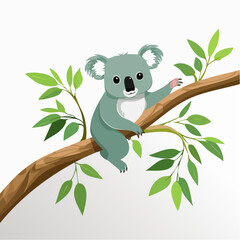 Cartoon koala bear sitting on a branch with green leaves isolated