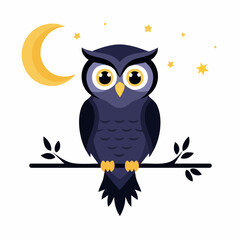 Cartoon owl perched on a branch under the crescent moon and stars