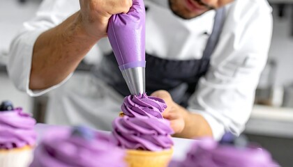 A chef decorates cupcakes with purple frosting, focusing on a close-up of the piping bag and the frosting design