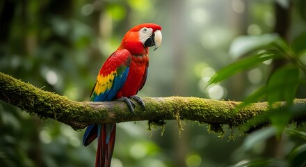 Obraz premium Vibrant Scarlet Macaw Perched Serene in Sun-Dappled Rainforest Canopy, Showcasing Vivid Tropical Plumage Amidst Lush Green Foliage
