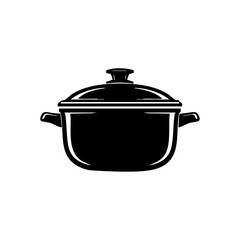 Monochrome symbol of a classic stock pot with lid, representing cooking, home kitchen, meal preparation, and culinary tools.
