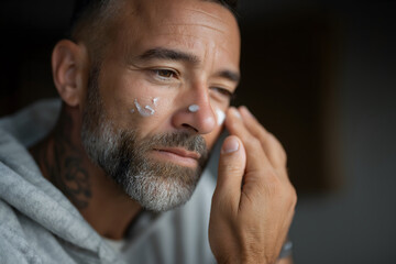 Obraz premium Man with psoriasis applies topical cream to his face with care, hoping for relief and feeling sense of vulnerability