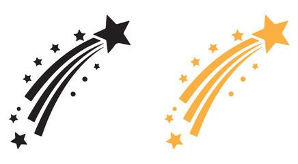 Two illustrations of shooting stars, one black and the other orange, with trails and smaller stars.