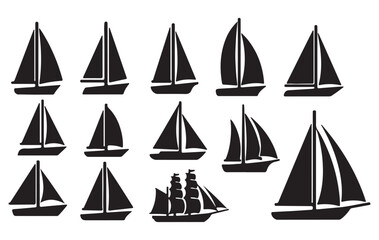 Collection of sailboat silhouettes in various shapes and sizes.