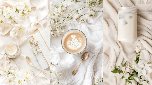 A white background with a jar of ice cream, a mug of coffee, and a book