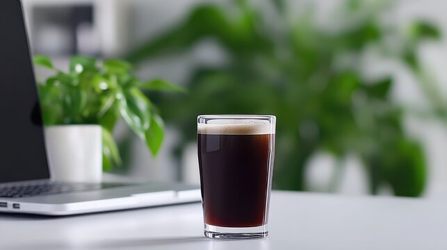 Dark Coffee on a Desk: Close-up of a Glass of Cold Brew Coffee with a Laptop and Green Plant in a Modern Office Setting
