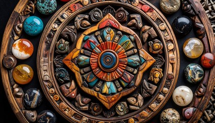 A close-up of a circular wooden artifact with intricate carvings and an array of colorful gems, arranged around the central design