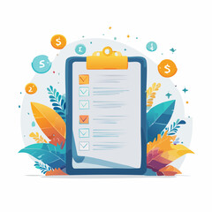 Clipboard with checklist surrounded by money symbols and colorful leaves