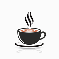 Coffee cup icon with steam and reflection on white background