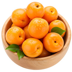 Juicy Fresh Apricots with Water Drops in Wooden Bowl, Juicy Halved Apricot Slices, isolated on white background, PNG Format.