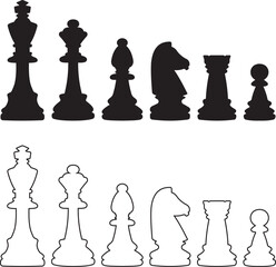 Vector chess illustration featuring king, queen, pawn, rook, bishop, and knight on chessboard. Perfect for strategy, sport, and game design projects. Set of chess figures