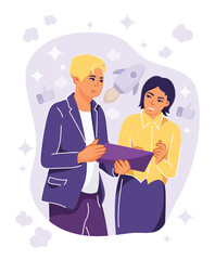 Business Discussion. Flat style characters. Project communication between coworkers. Corporate partnership. Vector Cartoon Illustration