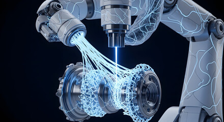 Robotic arm connecting to mechanical components with glowing lines, symbolizing smart manufacturing, industrial automation, and engineering.