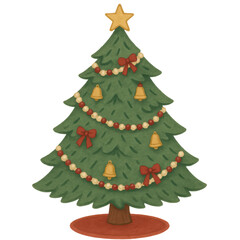 Fototapeta premium Decorated Christmas Tree with Star and Hanging Ornaments in Hand-Drawn Style