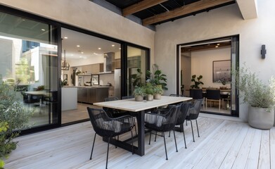 Modern Outdoor Dining Area With Scenic View in Contemporary Home at Midday