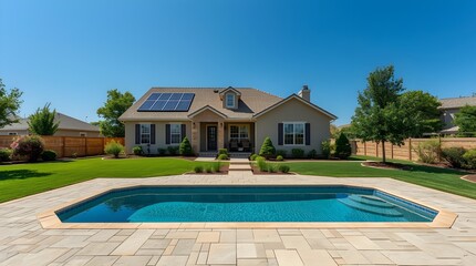 Beautiful suburban home with a sparkling swimming pool and solar panels on the roof on a clear sunny day