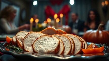 Carved turkey slices on platter with festive gathering thanksgiving turkey