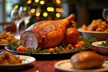 A roasted pork shoulder with crispy golden skin is the centerpiece on a large platter. The festive Christmas table is filled with side dishes and blurred, twinkling lights
