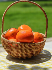 Oranges in a basket on a table with a green grass background