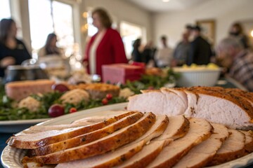 Carved turkey slices on platter with festive gathering thanksgiving turkey