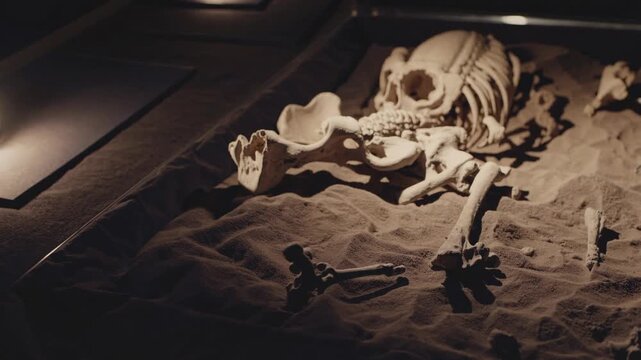 Low-angle video shot of a dinosaur skeleton partially buried in sand, creating a mysterious and ancient atmosphere in dim lighting.