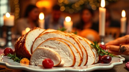 Carved turkey slices on platter with festive gathering thanksgiving turkey