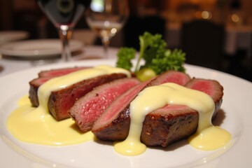 A thick, perfectly sliced Chateaubriand steak glistens with a rich bearnaise sauce. It rests on a white plate next to a glass of red wine in an elegant French restaurant