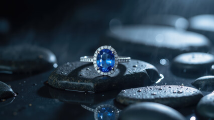 Stunning blue gemstone ring rests on smooth black stones, surrounded by glistening water droplets, creating serene and elegant atmosphere